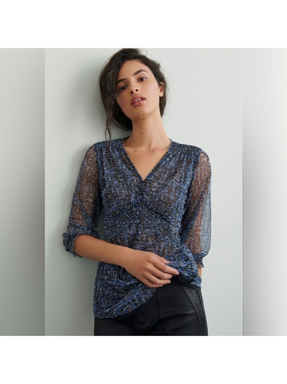 Anthropologie Gretchen smocked tunic top black motif blue XS NWT